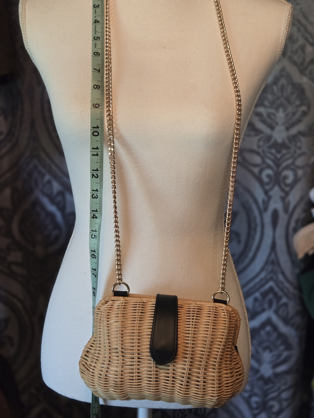 Woven Straw Crossbody Bag with Black Leather Accent